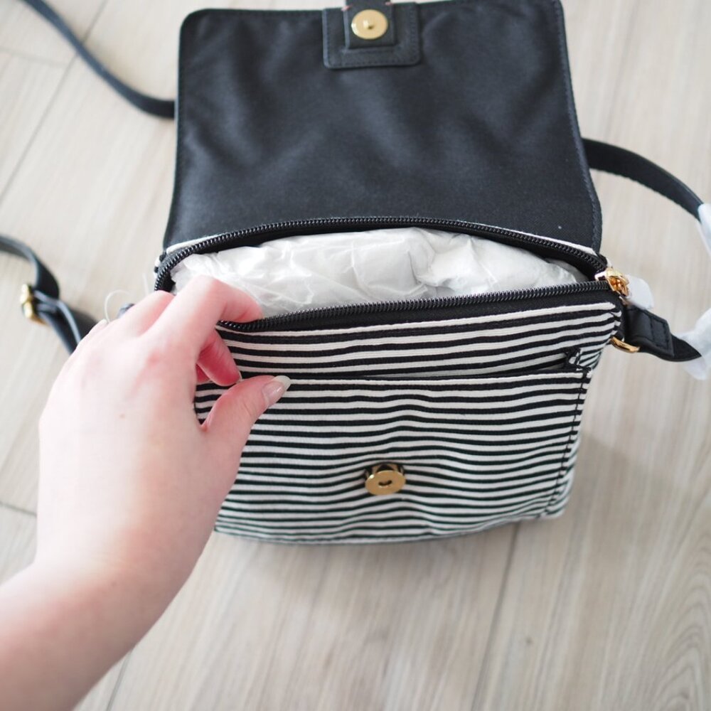 NWT FOSSIL Kinley Front Flap Pocket Crossbody Black White Striped Tan Leather - Picture 8 of 13